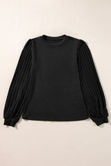 Gray Solid Color Contrast Ribbed Bishop Sleeve Top