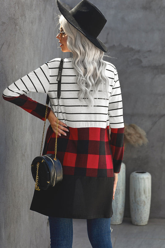 Fiery Red Plaid Colorblock Striped Cardigan