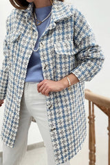 Sky Blue Plaid Print Button Knitted Jacket with Pocket