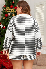 Black Stripe Textured V Neck Long Sleeve Top and Shorts Plus Size Set