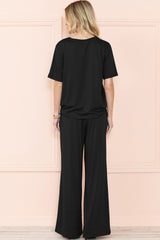 Black Solid Color T-Shirt and Wide Leg Pants Set