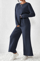 Navy Blue Textured Loose Slouchy Long Sleeve Top and Pants Set