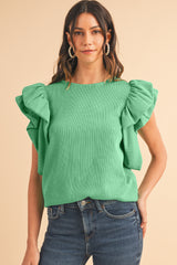 Green Solid Color Ruffle Sleeve Ribbed Blouse