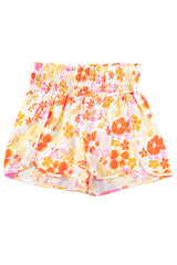 Orange Retro Floral Shirred High Waist Athletic Shorts