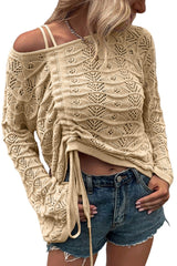 Khaki Cinched Drawstring Pullover Long Sleeve Crochet Sweater