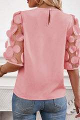 Dusty Pink Applique Mesh Splicing Sleeve Blouse