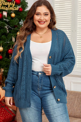 Real Teal Hollow Knit V Neck Button Front Plus Size Cardigan