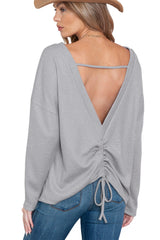 Grey Waffle Knit Cinched Backless Drop Shoulder Long Sleeve Top