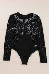 Black Rhinestone Sheer Mesh Slim Fit Bodysuit