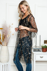 Black Sequin Sheer Casual Open Front Cover Up