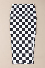 White Checkered Print Side Slit Slim Fit Midi Skirt