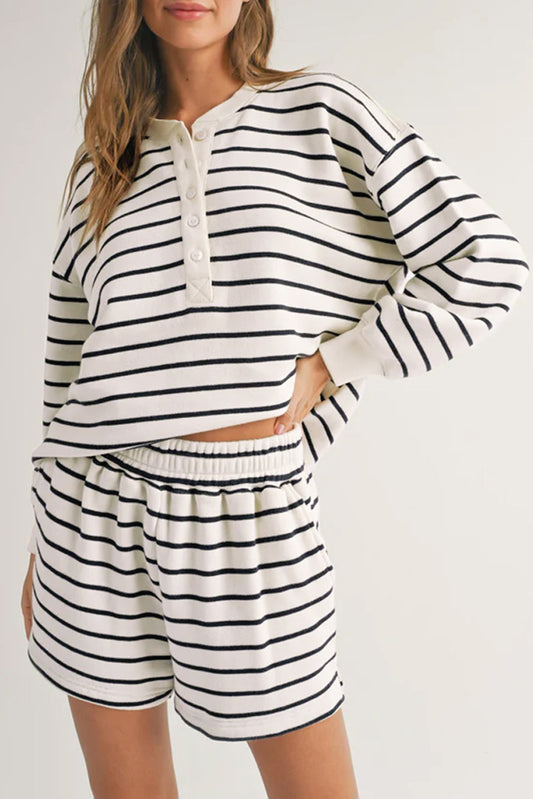 Black White Striped Henley Pullover and Shorts Set