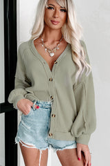 Green Exposed Seam Button Front Waffle Knit Cardigan