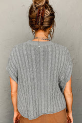 Black Cable Knit Crewneck Short Sleeve Sweater