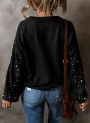 Smoke Gray Pearl Drop Shoulder Round Neck Sweater