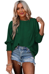 Green Casual Shirred Cuffs Half Sleeve Top