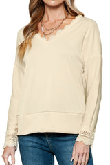 Pink Ribbed Texture Lace Trim V Neck Long Sleeve Top