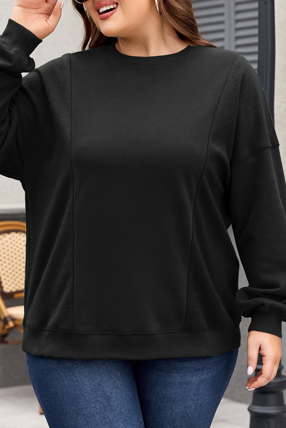 Black Loose Patchwork Crewneck Plus Size Sweatshirt