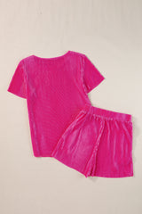 Bright Pink Ribbed Pleated Tee and Pocketed Shorts Set