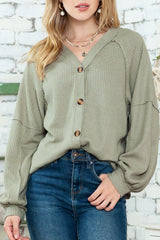 Green Exposed Seam Button Front Waffle Knit Cardigan