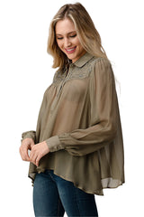 Mesh Blouse Shirt Top With Beaded Jewel Trim