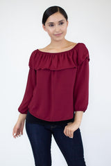 Balloon Sleeve Ruffled Top-Burgundy