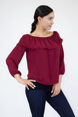 Balloon Sleeve Ruffled Top-Burgundy