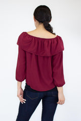 Balloon Sleeve Ruffled Top-Burgundy