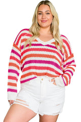 Pink Stripe V Neck Drop Shoulder Plus Size Sweater