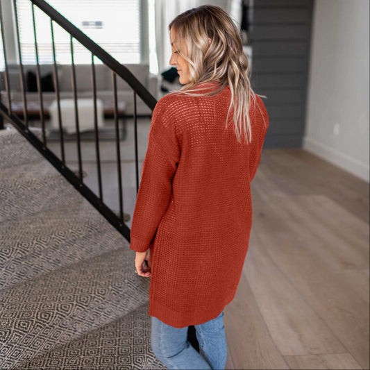 Waffle Knit Pocketed Long Sleeve Low-gauge Open Cardigan Sweater