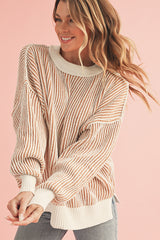 Chestnut Striped Contrast Trim Loose Sweater