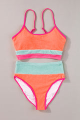 Orange Color Block Textured High Waist Sexy Bikini Set