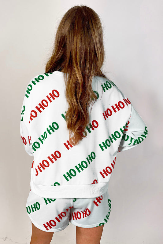 White Christmas HO HO HO Print Drop Shoulder Pullover and Shorts Set