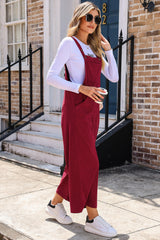 Red Corduroy Side Pockets Wide Leg Overall