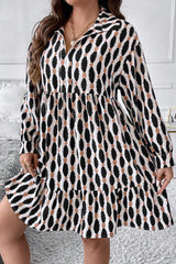 Apricot Abstract Print Collared V Neck Plus Size Mini Dress