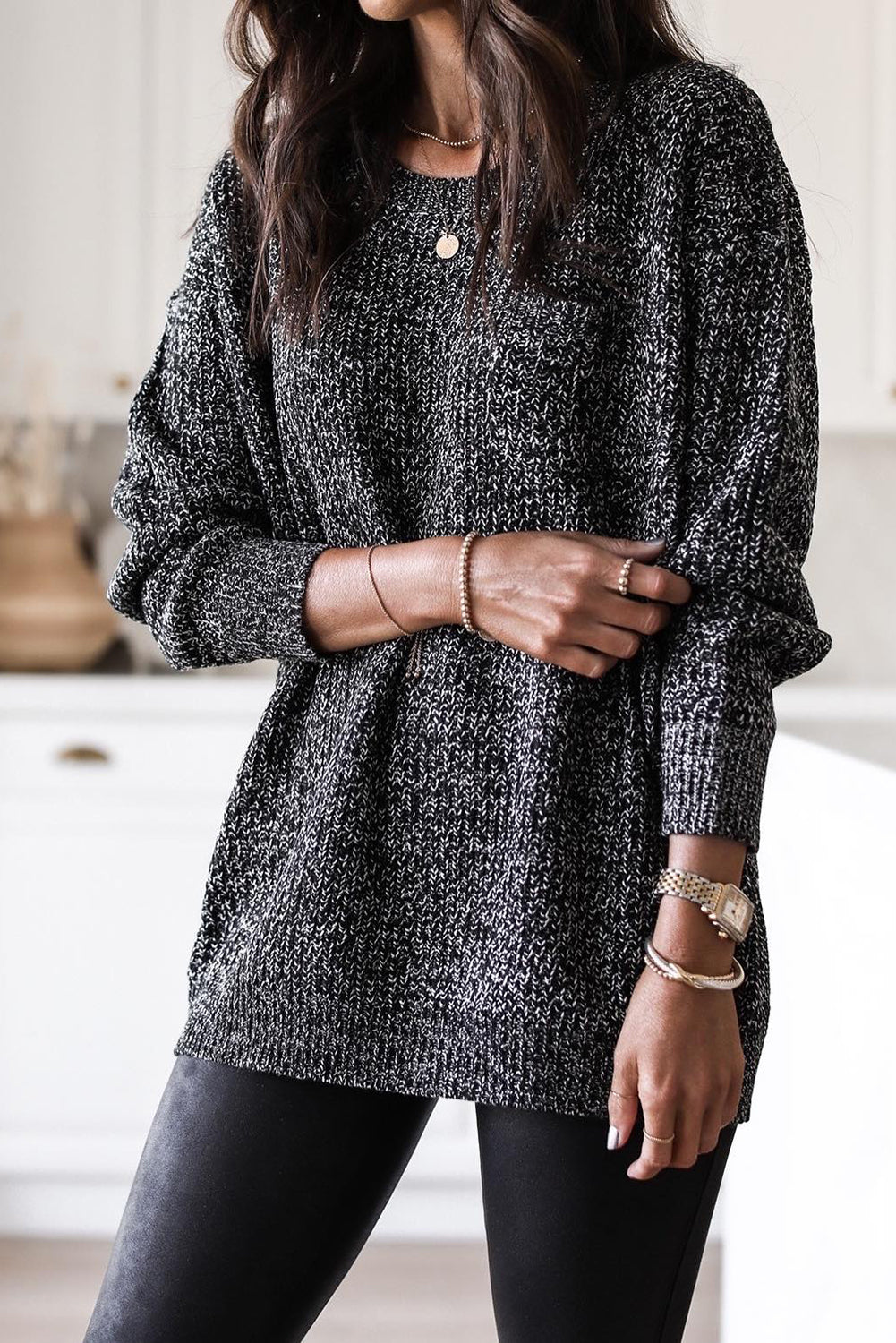 Black Mixed Pattern Long Sleeve Tunic Sweater