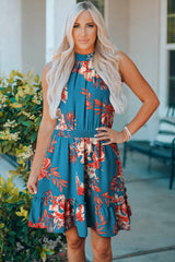 Sky Blue Floral Print Sleeveless Ruffled Mini Dress