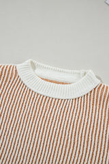 Chestnut Striped Contrast Trim Loose Sweater