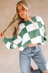 Green Checkered Bishop Sleeve Pullover Sweater