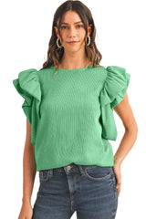 Green Solid Color Ruffle Sleeve Ribbed Blouse