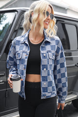 Light Blue Checkered Patchwork Button Up Denim Jacket