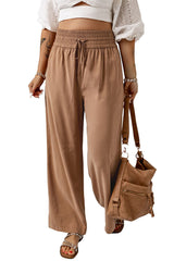 Brown Casual Drawstring Shirred Elastic Waist Wide Leg Pants