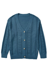 Real Teal Hollow Knit V Neck Button Front Plus Size Cardigan