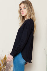 Black Crew Neck Ribbed Trim Knit Long Sleeve Top