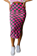 White Checkered Print Side Slit Slim Fit Midi Skirt