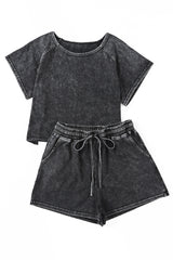 Black Acid Washed T Shirt & Drawstring Shorts Loungewear Set