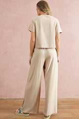 White Raw Hem Loose Tee and Wide Leg Pants Set