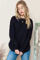 Black Crew Neck Ribbed Trim Knit Long Sleeve Top