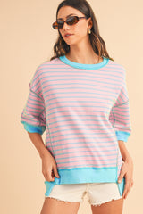 Pink Stripe Colorblock Drop Sleeve Oversized T Shirt