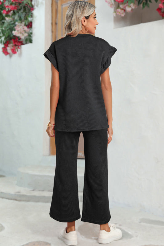 Black Textured Ruffle Summer Top and Drawstring Pants Set